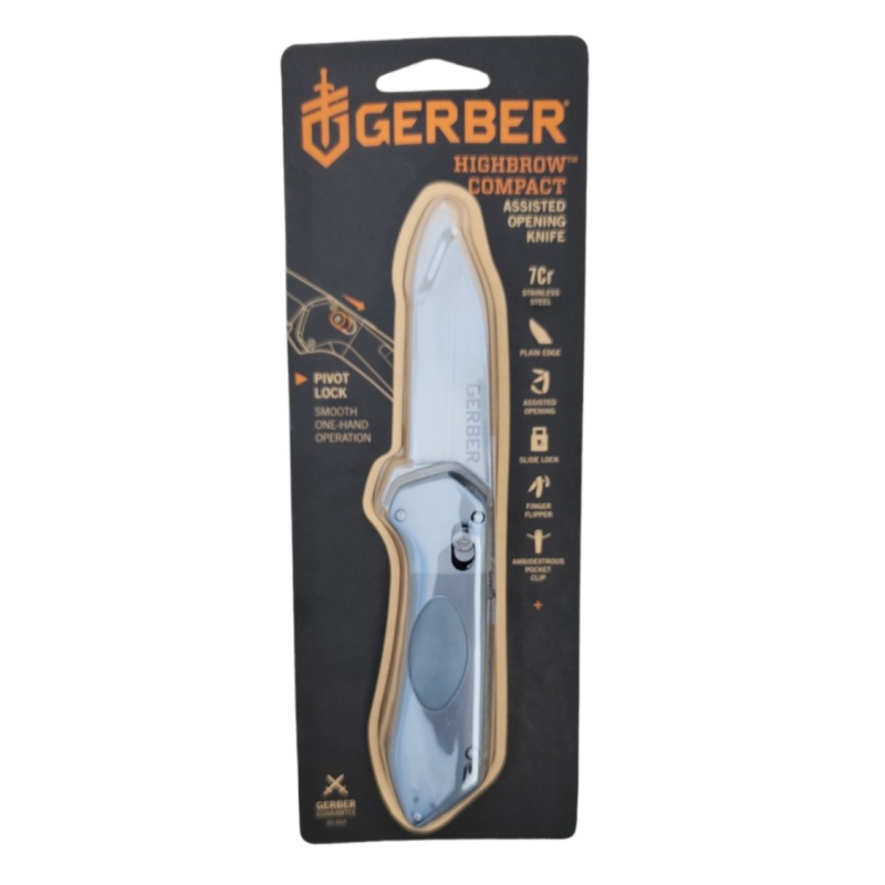 Gerber Highbrow Compact Grey Stonewashed Plain Assisted Flipper