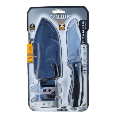 Camillus Injekt 9" Multi-Tool Survival Knife, Fixed 4.25" Blade with Sharpener and Sheath, Black