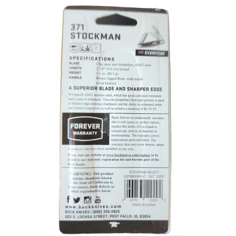 Buck Pocket Knive 371 Stockman 3-Blade Folding Pocket Knife