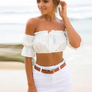 Crop tops women 2024 summer lantern sleeve sexy strapless beach tops red black white ruched crop top