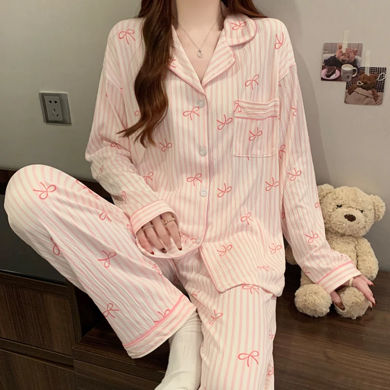 Women’s Pink Bow Print Pajama Set – Long Sleeve Top & Elastic Waist Pants